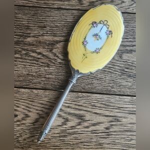 Antique Saart Brothers Sterling Silver Yellow Guilloche Enamel Hand Mirror